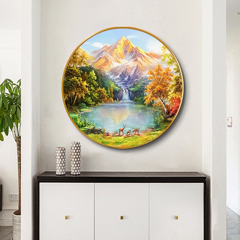 聚宝盆玄关装饰画山水画沙发背景墙挂壁圆形简约手绘油画风景挂画图片