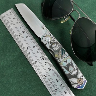 M390粉末钢折刀钛合金钟馗雕刻高硬度锋利口袋随身无锁折叠水果刀