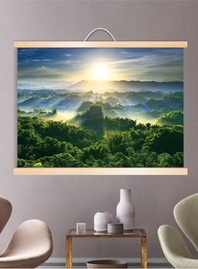 绿色森林日出挂轴画靠图有树木自然风景画