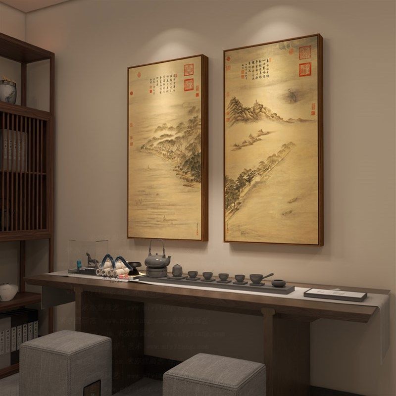 亦堂杭州西湖 背景墙茶室餐厅玄关三联挂画