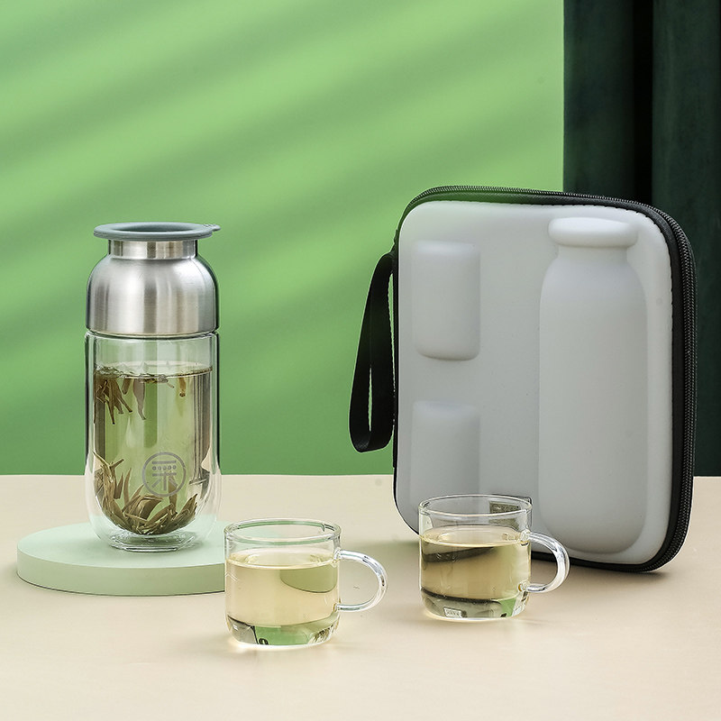 便携式旅行茶具一壶二杯双层烫玻璃泡茶壶过滤户外车载快客杯