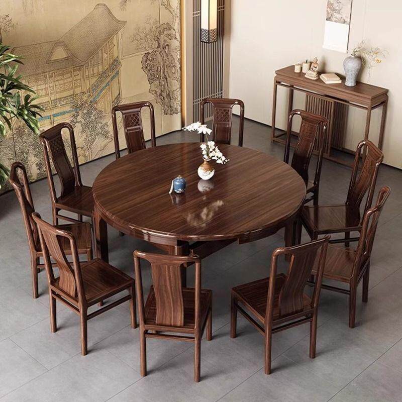 新中式乌金全实木餐桌椅组合伸缩折叠家用小户型可变圆桌吃饭桌子