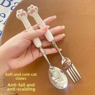 不锈钢勺子和叉子长柄卡通可爱餐具家庭创意学生孩子吃勺子成人勺