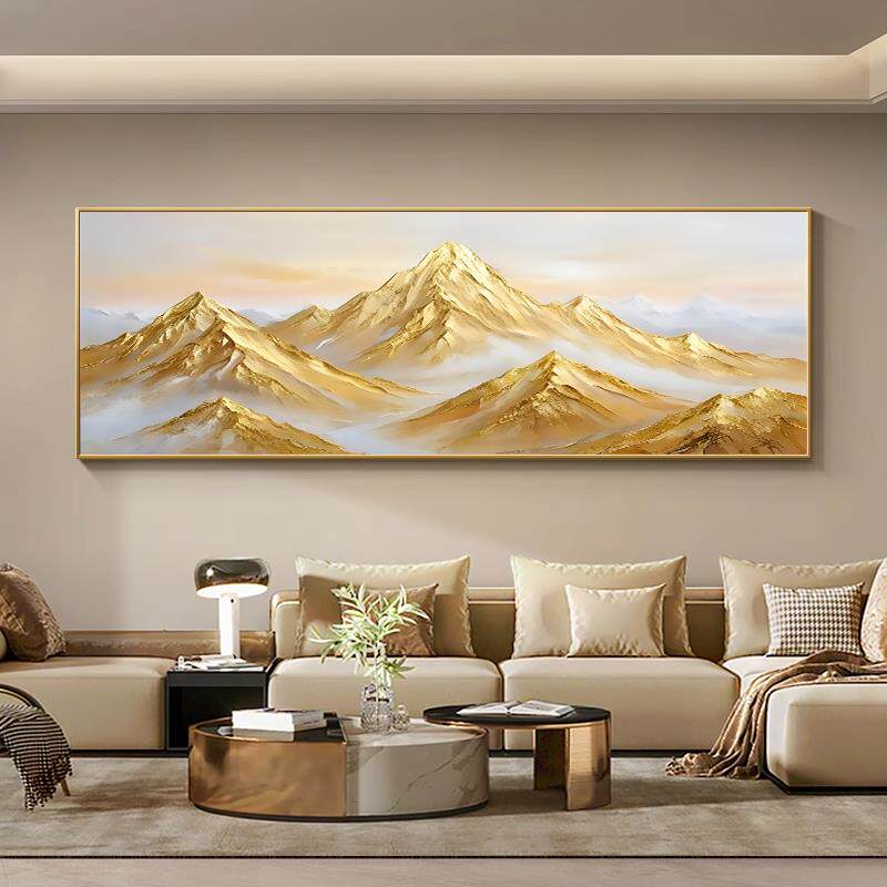 背靠金山客厅纯手绘挂画大芬村油画金箔高级横幅沙发背景墙装饰画