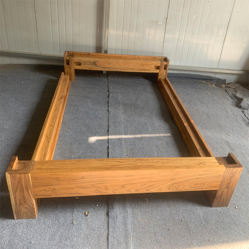 纯实木床架子双人榻榻米无床头靠背老D榆木床1.81.5米简约结实矮