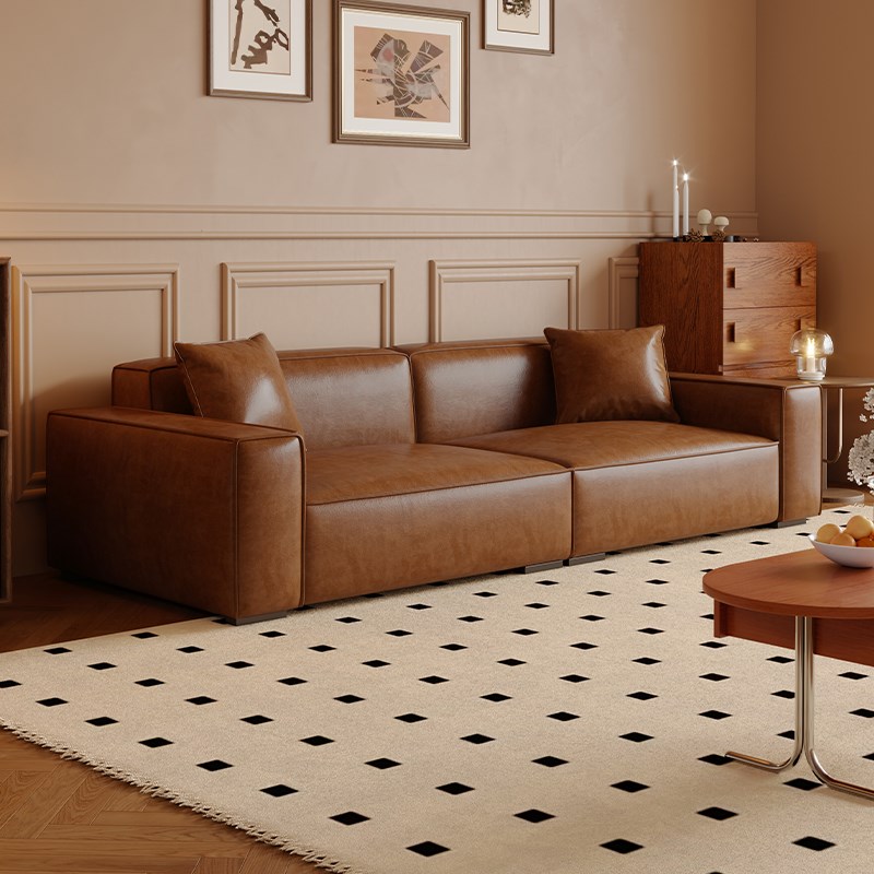 2024新款复古风油蜡皮豆腐块沙发客厅简约中古风小户型直排沙发