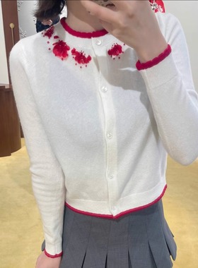 ICEYY shushu甜美圣诞风减龄亮片珠花装饰针织开衫女冬季新款毛衣