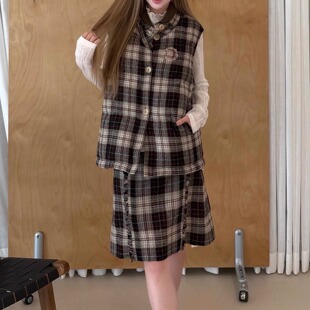 ICEYY marchen减龄复古韩版格纹撞色马甲外套女气质感显瘦短外套