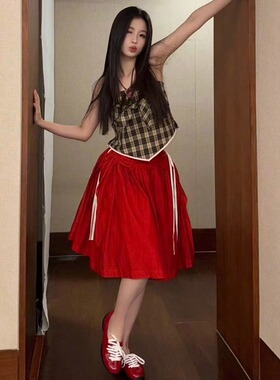 ICEYY marchen虞书欣同款红色不规则半裙蝴蝶结绑带小众显瘦A字裙