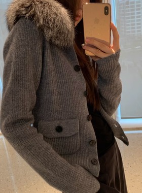 ICEYY markgon秋冬韩系可拆卸领羊毛针织开衫女修身显瘦保暖上衣