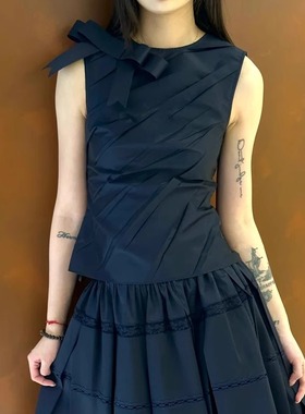 ICEYY shushut法式蝴蝶结无袖背心女设计感褶皱修身显瘦气质上衣