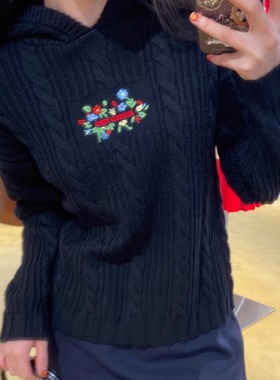 ICEYY shushu慵懒风肌理感刺绣花朵连帽套头针织衫女冬款保暖上衣