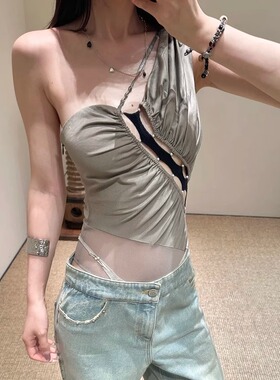 ICEYY rui设计感修身显瘦纯欲风拼接上衣女built不规则单肩连体衣