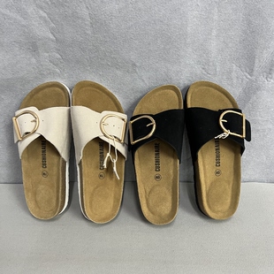 凉鞋 夏季 防滑厚底舒适一字拖鞋 出欧美单女士真皮软木博肯鞋