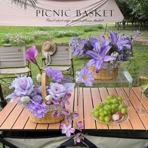 高档珍珠花篮餐桌花摆花装饰花卉仿真花假花花艺摆设露营道具摆件