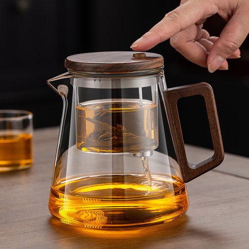 2024新款飘逸杯泡茶壶玻璃内胆磁吸不掉盖胡桃木耐高温茶水分离杯