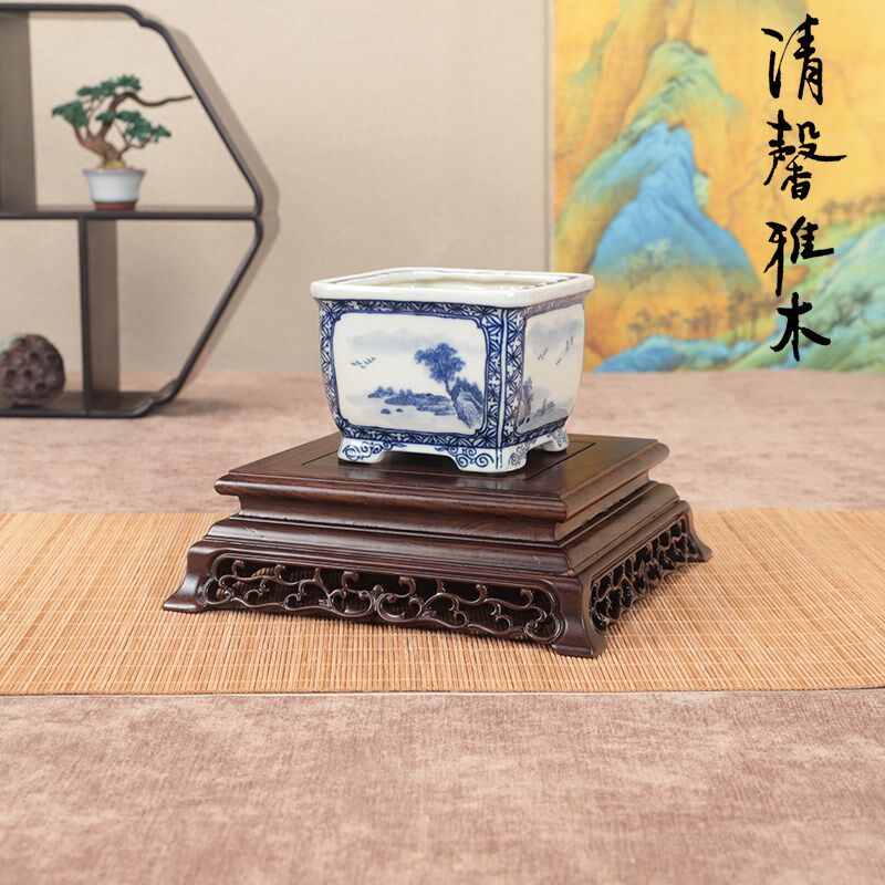 实木托中式镂空雕刻印章方形奇石头花瓶盆景茶壶玉器瓷器摆件底座