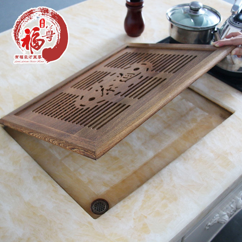 鸡翅木茶盘 内嵌式大理石功夫茶几茶托板嵌入式茶盘 实木家用排水