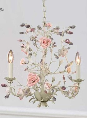 ABe爱贝灯饰 浪漫法式田园粉红色花朵水晶吊灯 公主女孩房卧室灯