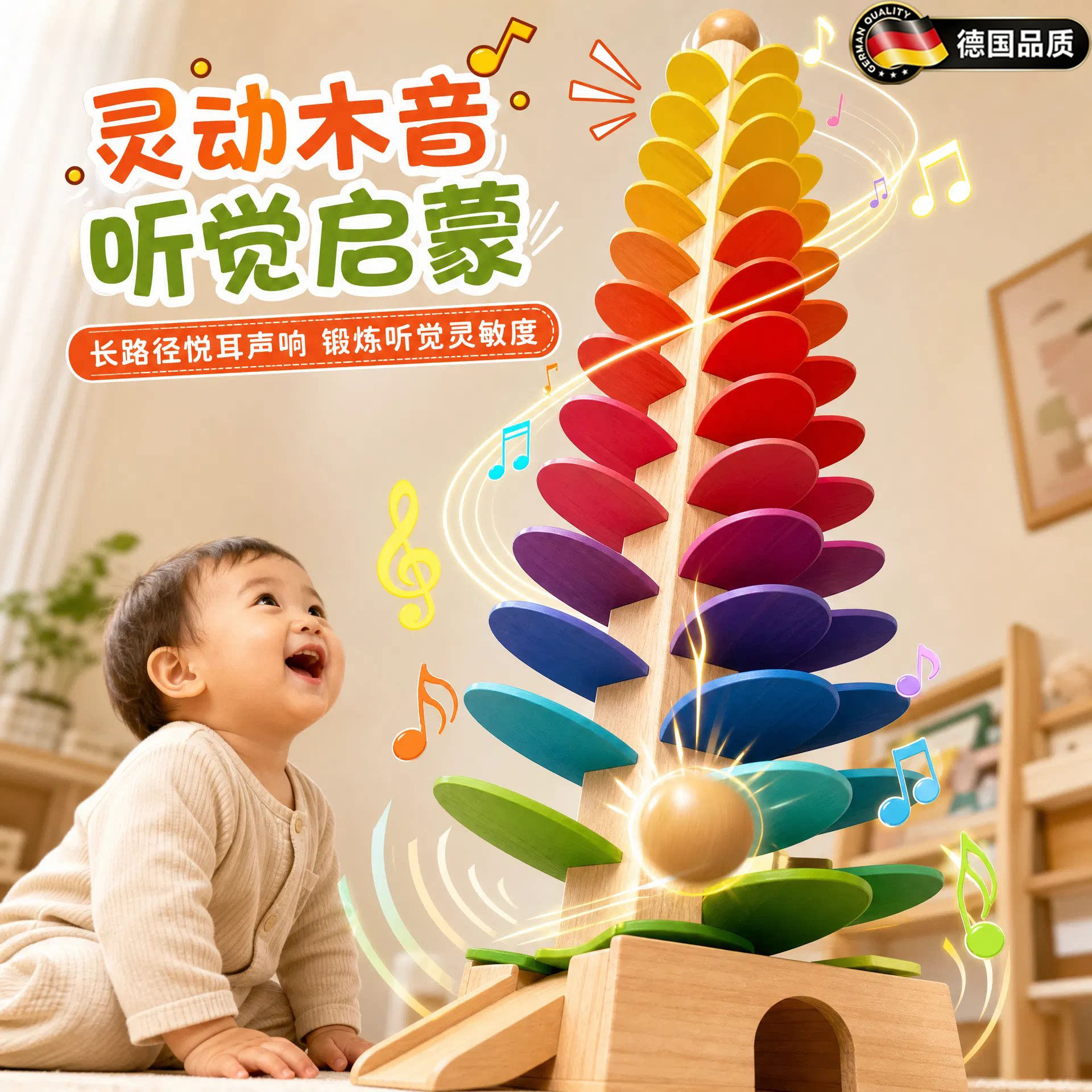 德国彩虹音乐树玩具滚珠蒙氏早教