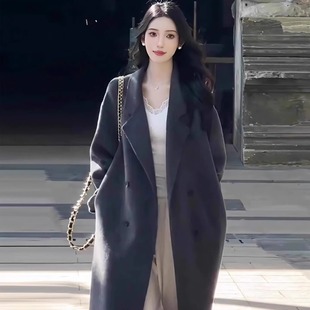 高级炭黑色双面羊绒大衣女2025秋冬新款中长款宽松气质羊毛呢外套