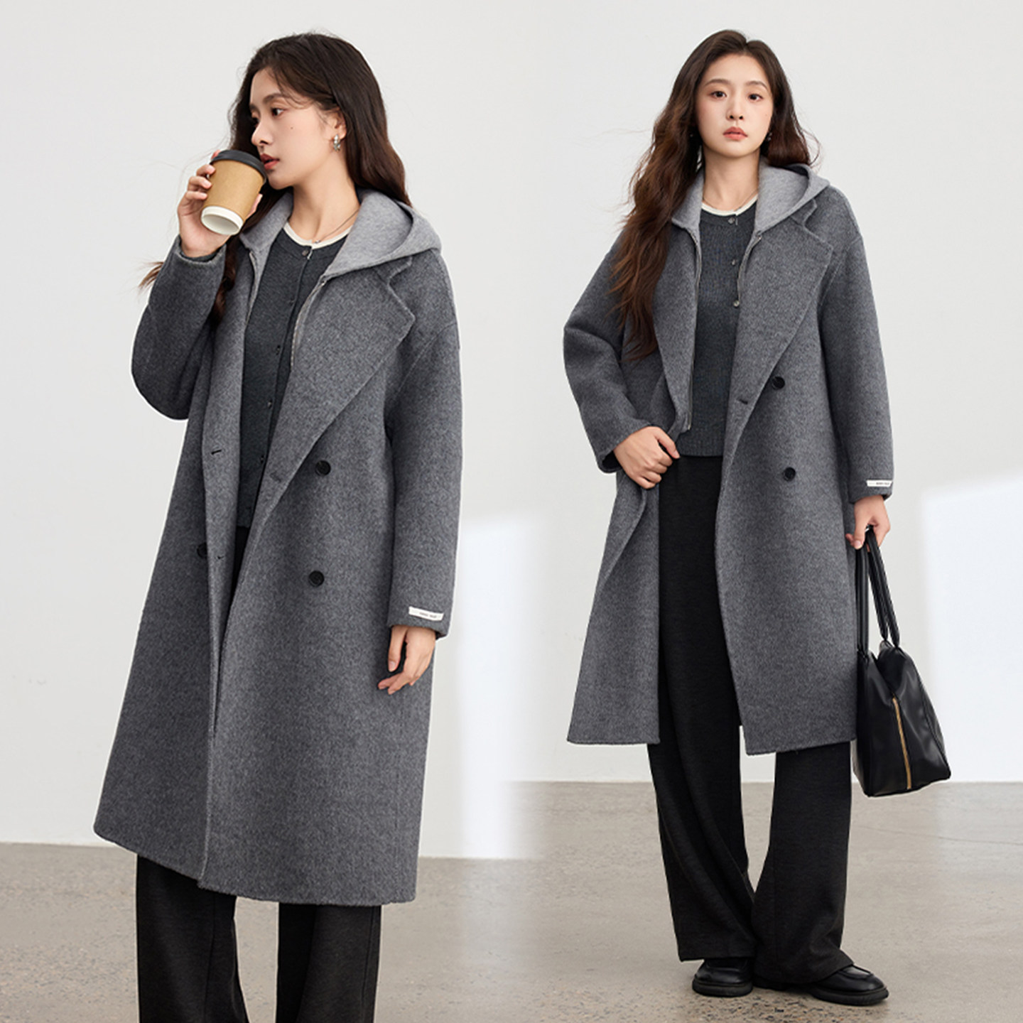 撞色可拆卸假两件连帽双面羊绒大衣女2025秋冬新款中长款羊毛外套