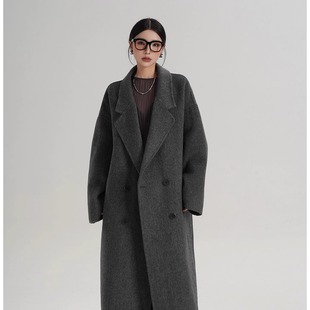 高级感羊毛双面羊绒大衣女2025冬季炭黑色显瘦气质毛呢外套