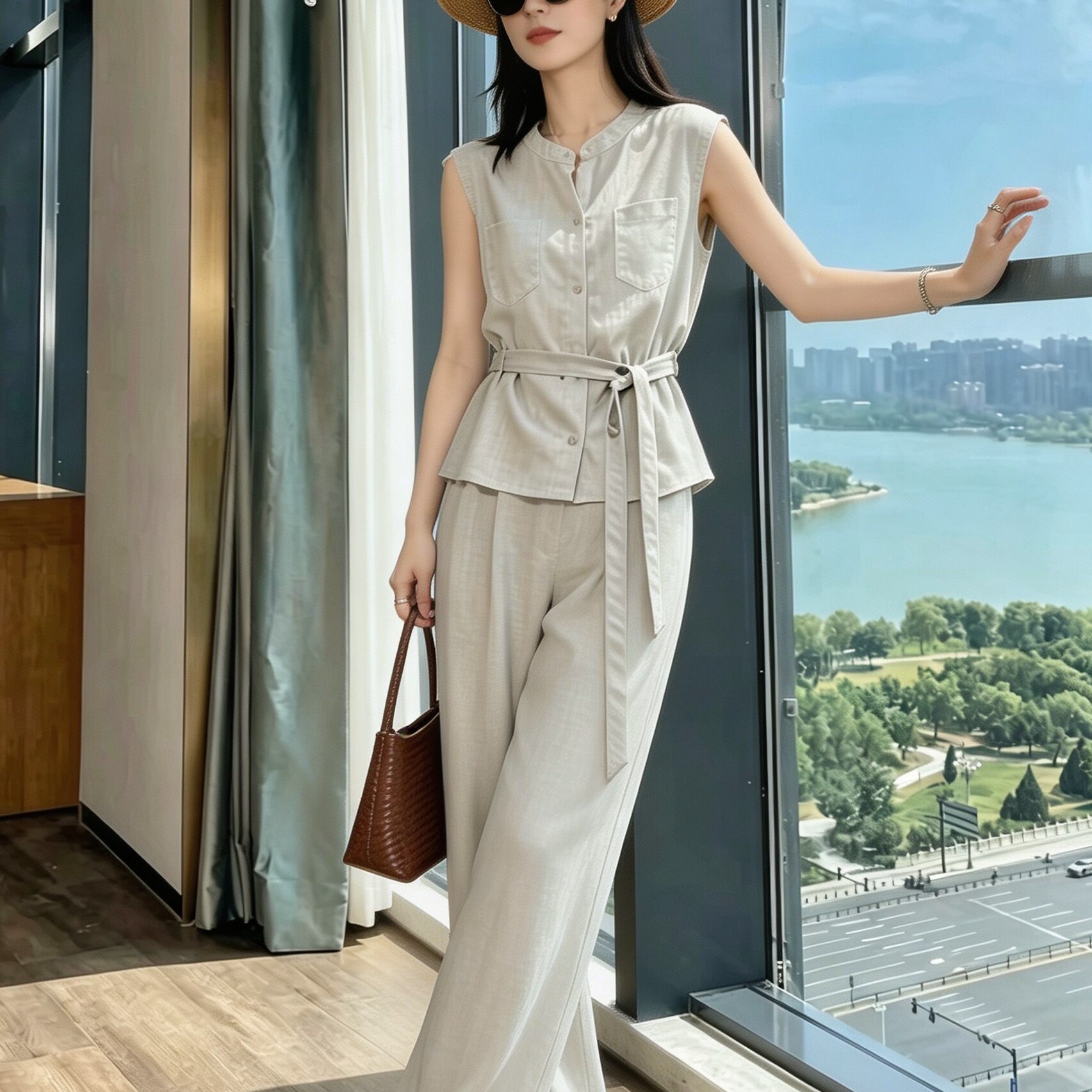 今年流行的女装搭配夏季高级感气质洋气无袖上衣阔腿裤时尚两件套
