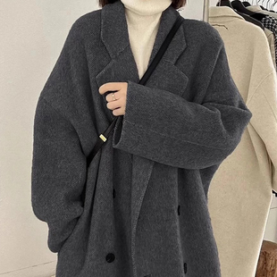 碳黑色高级感2025冬季新款双面羊绒大衣女宽松加厚羊毛呢外套潮流