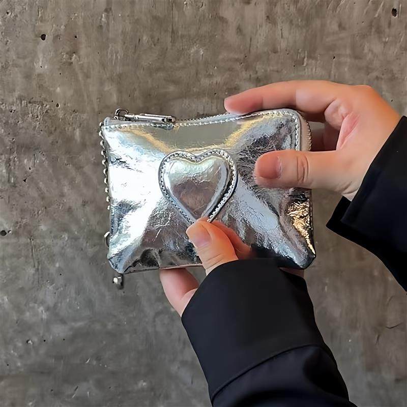 银色油蜡牛皮甜酷爱心零钱包ins风多卡位零钱包凹造型摆拍手拿包,箱包皮具/热销女包/男包,钱包,淘宝优惠券,粉丝福利购,淘宝优惠卷