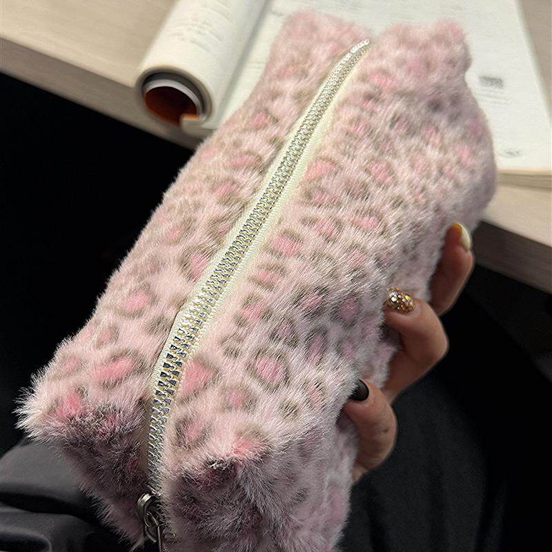 可爱粉色豹纹笔袋铅笔盒高颜值ins风小众文具盒学生闺蜜女高级感