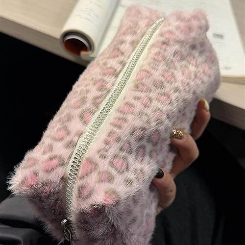 可爱粉色豹纹笔袋铅笔盒高颜值ins风小众文具盒学生闺蜜女高级感