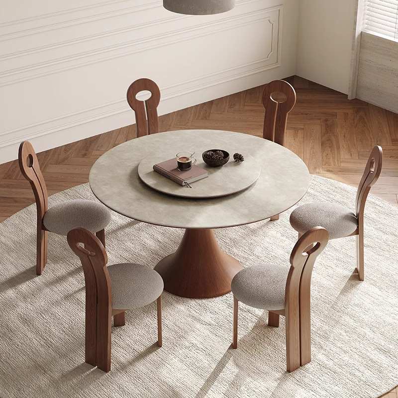 中古风实木岩板餐桌法式小户型现代简约圆形饭桌胡桃色餐桌椅组合