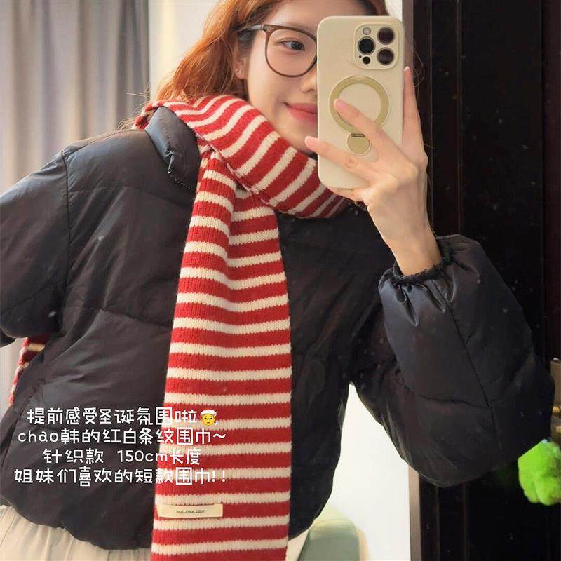圣诞红色条纹围巾女秋冬保暖百搭针织围脖韩版高级感配大衣氛围感