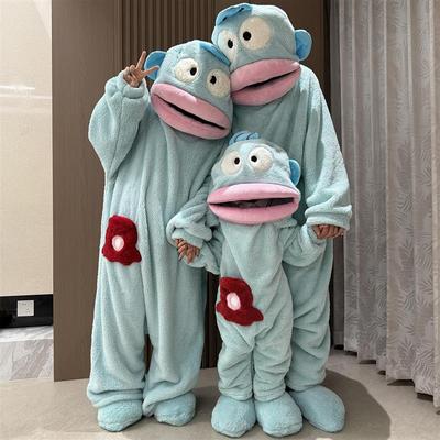 汉顿丑鱼连体睡衣成人儿童亲子款情侣搞怪居家服冬季加厚珊瑚绒