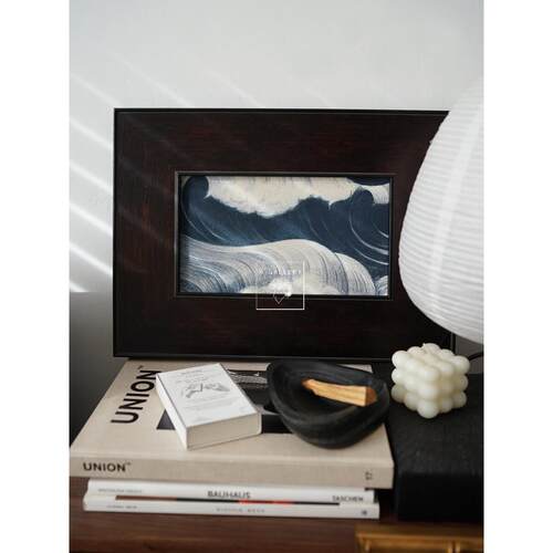 WGallery牛仔蓝氛围感中古海浪日本浮世绘哑光油布装饰画实木框