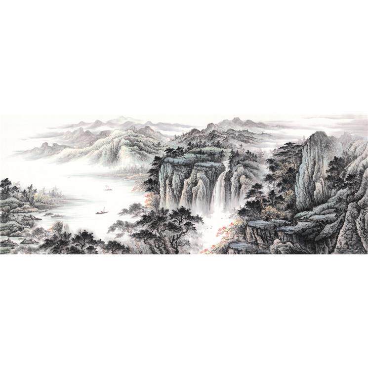 小六尺横幅 国画 精品山水【云山雾隐】未装裱 印刷品装饰画 T