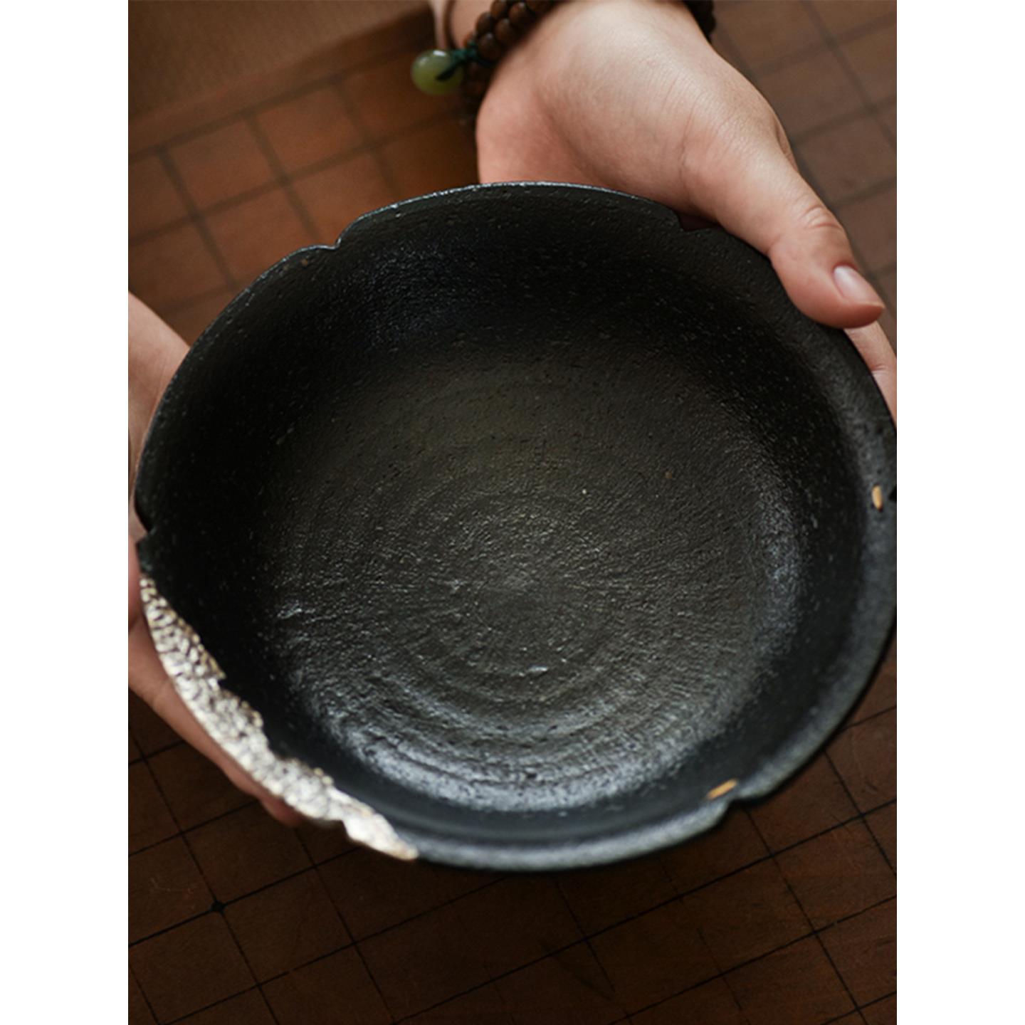 沐春堂 浮光 纯手作侘寂风陶艺锔钉壶承 景德镇黑陶鎏银茶壶托