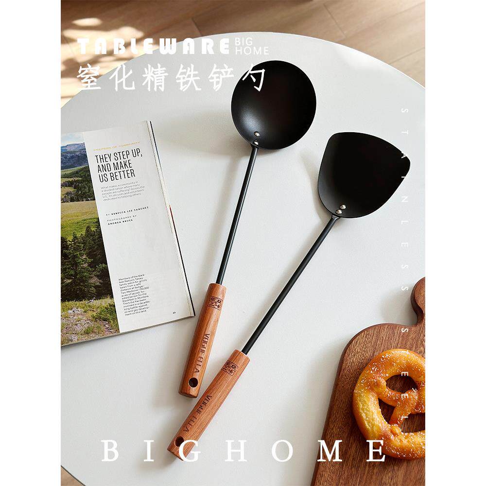 精铁无涂层炒勺!锅铲勺套装熟铁厨房用品炒菜锅铲木柄长把汤勺子