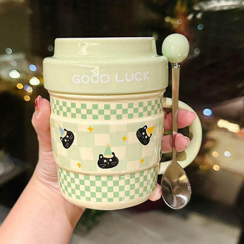 可爱带盖的陶瓷水杯少女心马克杯手冲冰美式拿铁咖啡杯早餐牛奶杯