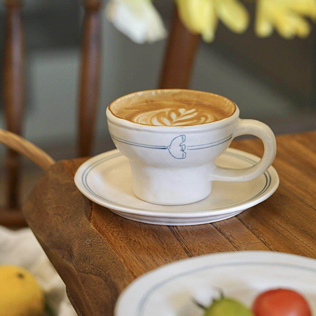 花间树里。手绘釉下彩手捏飞鸟咖啡杯拿铁拉花杯茶杯早餐盘餐具