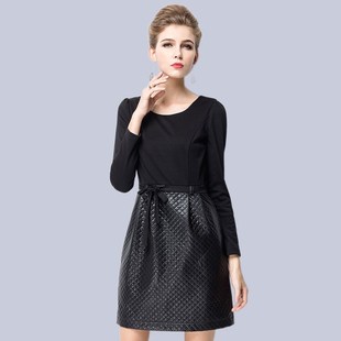 小黑裙秋冬打底连衣裙春秋 夹棉皮裙pu拼接罗马布长袖 欧美大码 女装