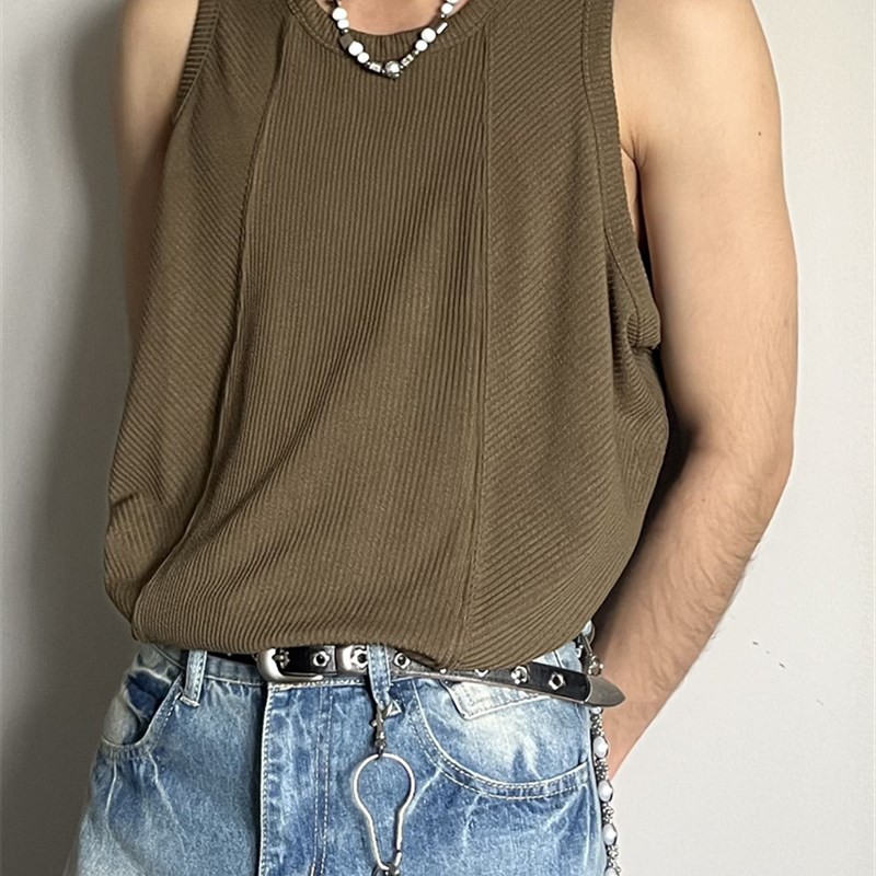 TWORED坑条感拼接老汉背心无袖t恤复古街头内搭汗衫潮情侣