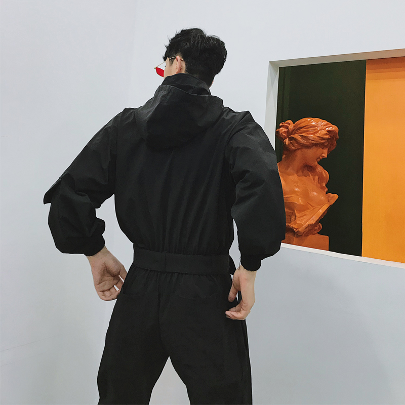 秋装新款暗黑系发型师多口袋连帽夹克套装潮男青年工装裤连体裤