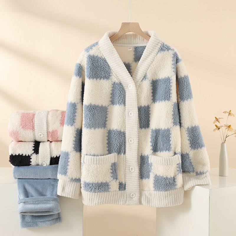 格子舒棉绒睡衣女秋冬季加厚加绒2024新款珊瑚绒法兰绒家居服套装