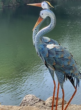 美式做旧复古蓝色铁艺仙鹤花园别墅庭院草地摆件景观阳台装饰品