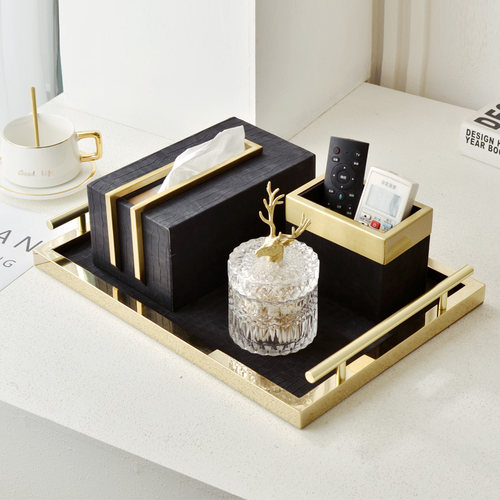 黑色纸抽盒客厅创意烟灰缸收纳盒套装轻奢风新中式茶几纸巾盒摆件