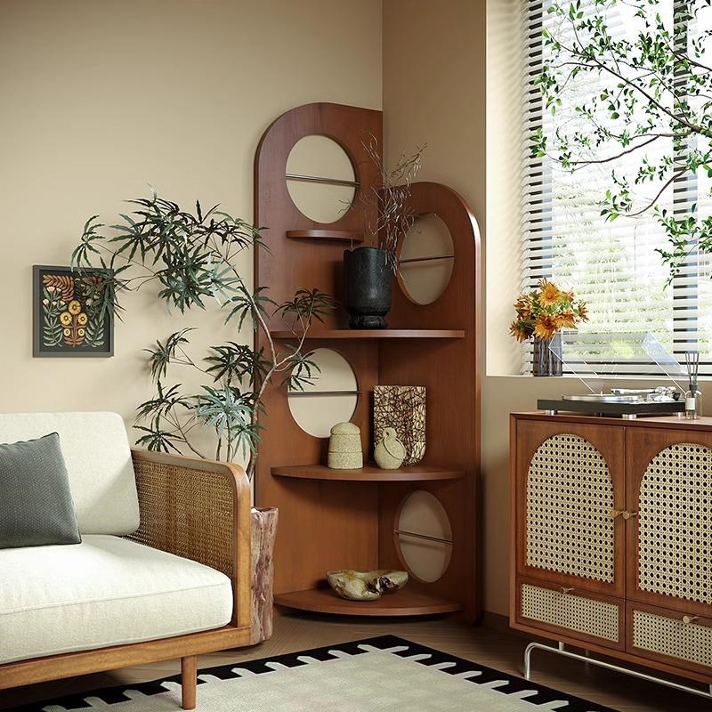 中古风陈列屏风客厅墙角书架拐角实木三角柜卧室角落置物架展示柜