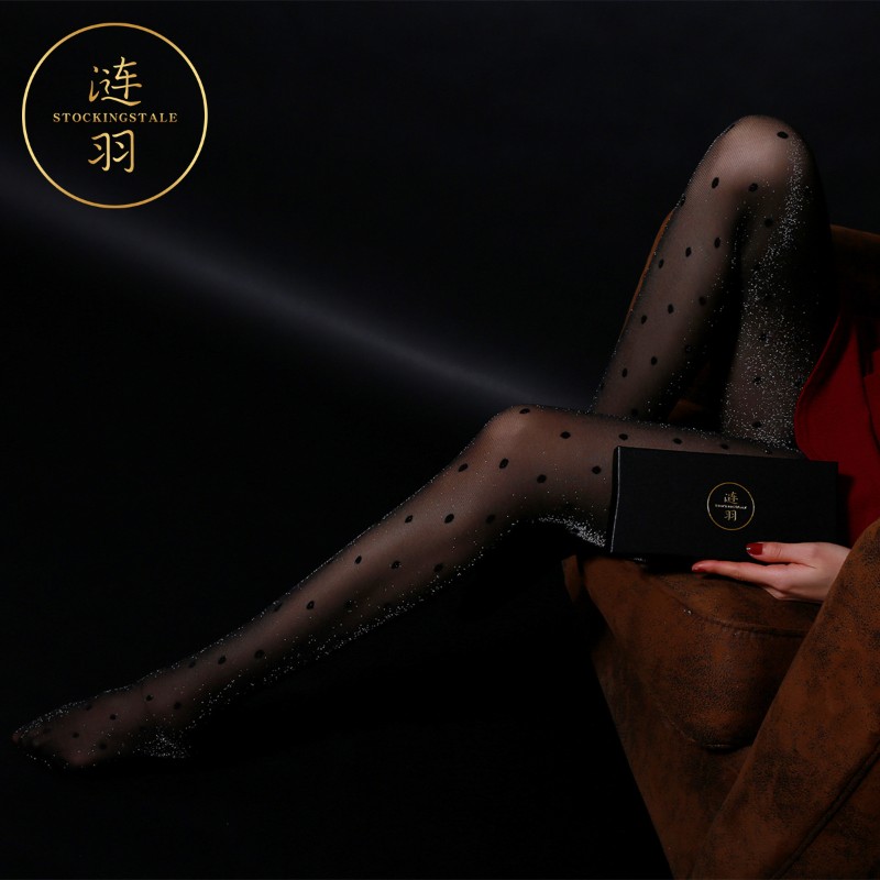 涟羽 墨影 黑色珠光波点复古丝袜银葱性感显瘦黑丝连裤袜美脚美腿