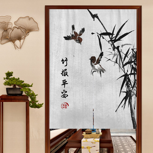 中式门帘隔断帘水墨山水画玄关客厅卫生间卧室书房半截布艺挂帘子